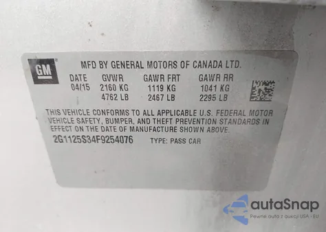 2015 Chevrolet Impala 2Lt from USA, damaged, VIN 2G1125S34F9254076